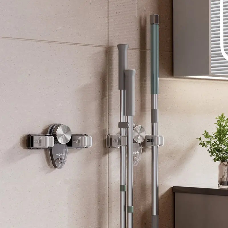 (1+1 Free) | HoldEase™ | Suction-Cup Broom Clamp | Space-Saving Wall Mount with Adjustable Hooks